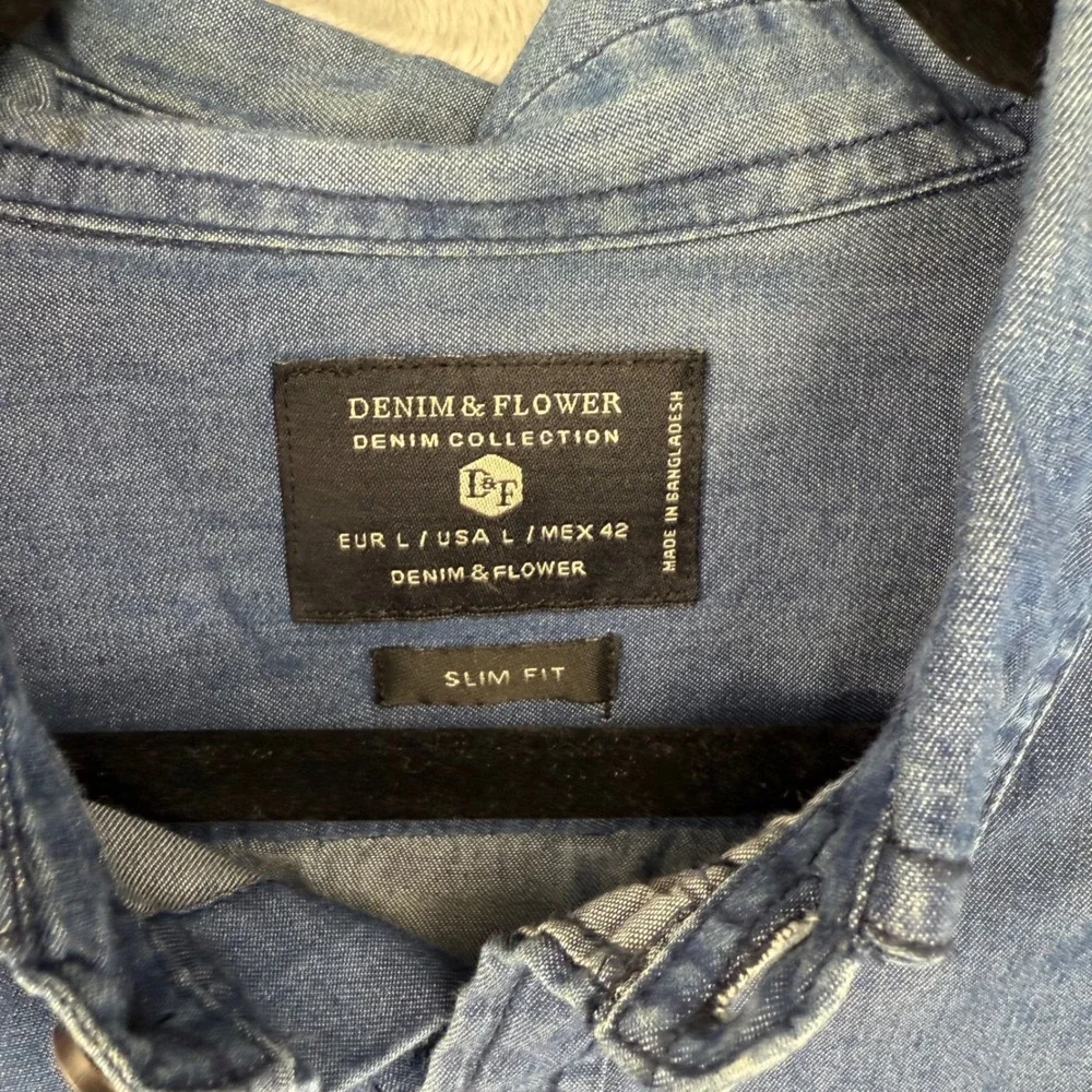 Denim & Flower Mens Blue Denim Collection Slim‎ Fit Button Down Shirt Large L